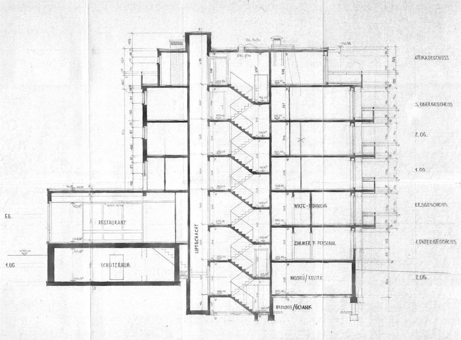 Orlando Architektur Umbau Sanierung Mehrfamilienhaus Restaurantfläche Stationsstrasse Seuzach 4 Schnitt Bestand