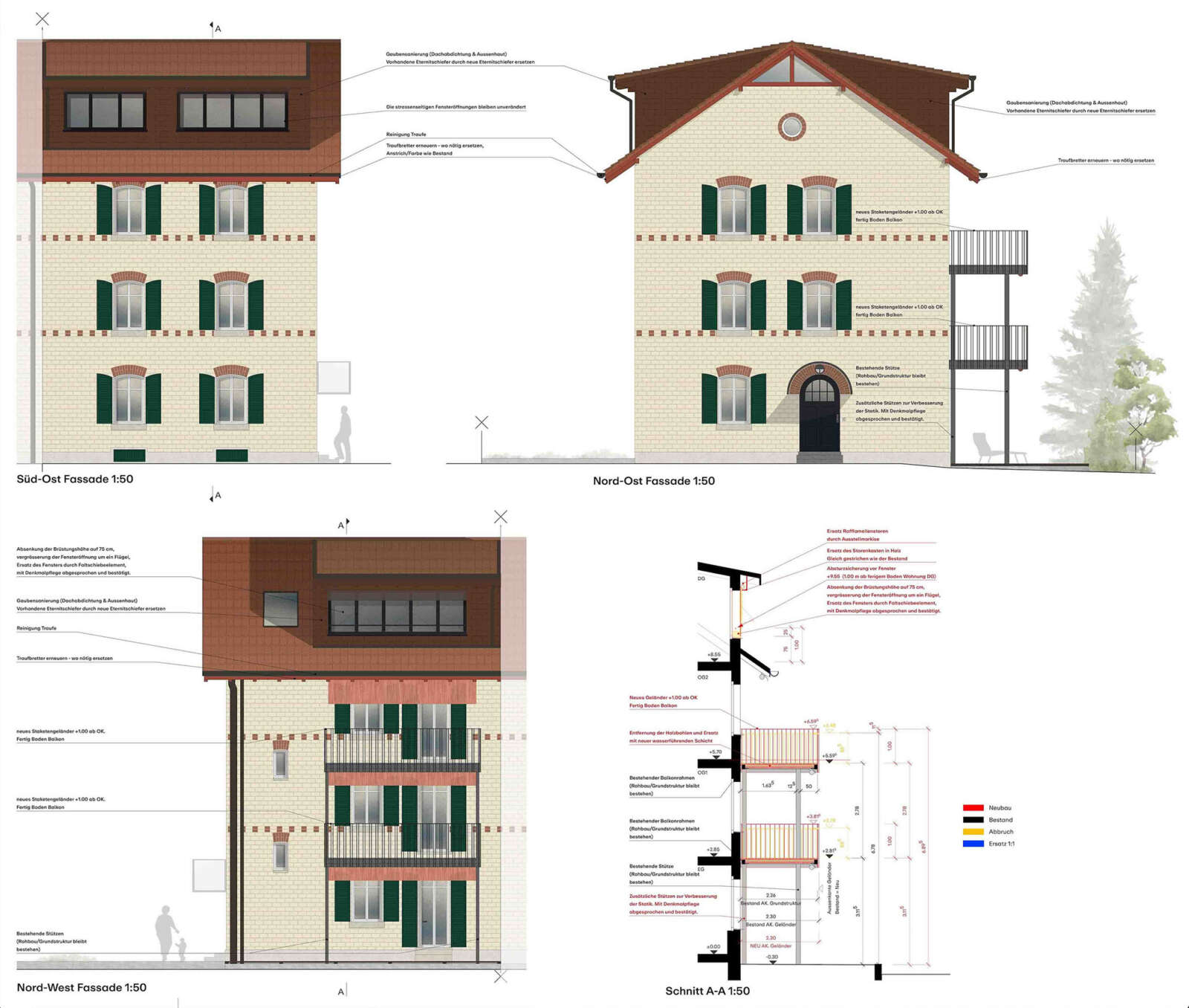 Orlando Architektur Umbau und Sanierung Mehrfamilienhaus Eichliackerstrasse Denkmalschutz 2 Farb und Materialkonzept Balkonsanierung